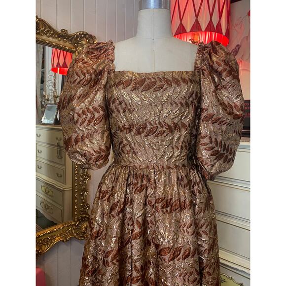 1970s rust and gold brocade formal gown puff sleeves jay jacks metallic ombre sm - Picture 2 of 10
